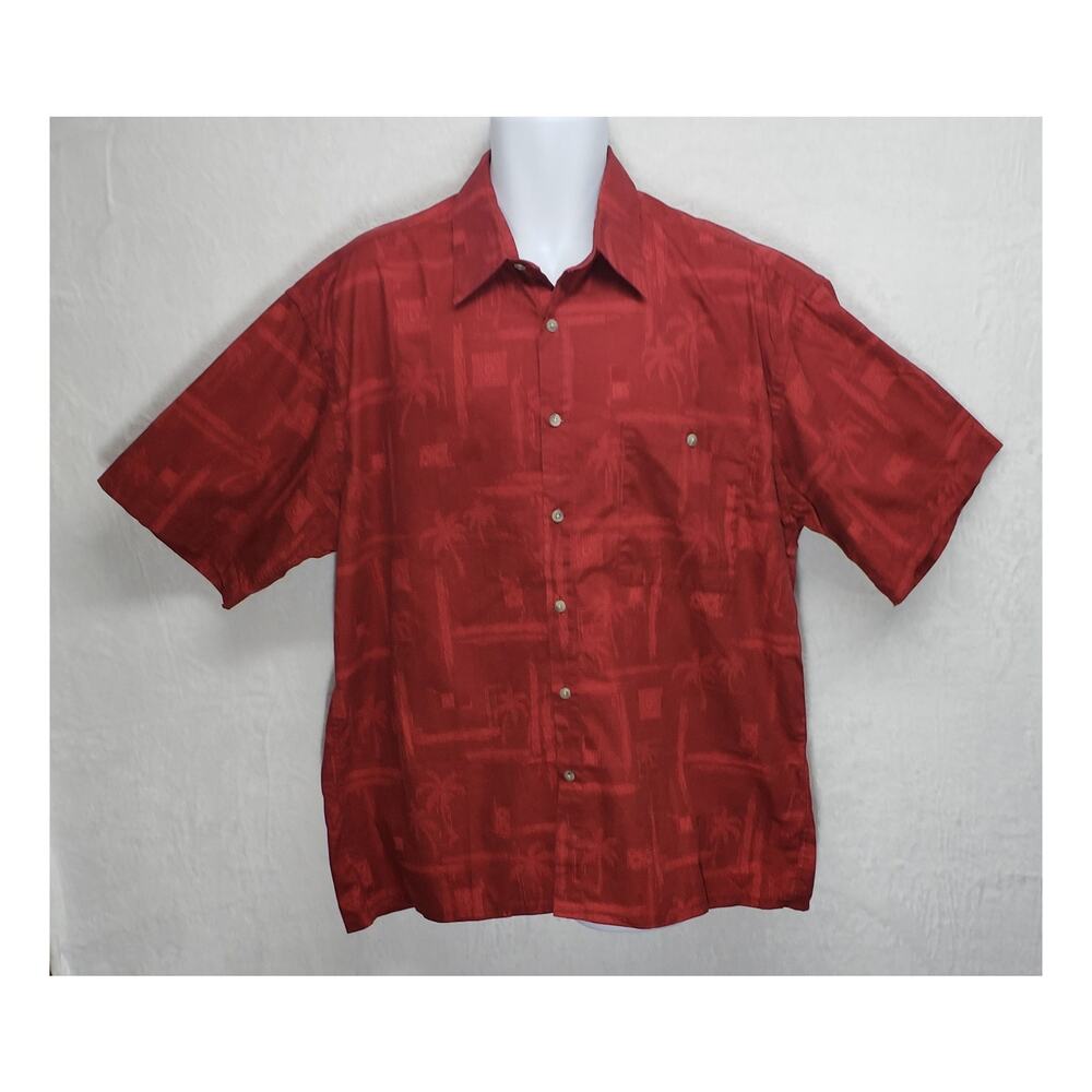Vintage 90s Pierre Cardin XL Hawaiian Shirt Cotton Jacquard Burgundy Palm Y2K
